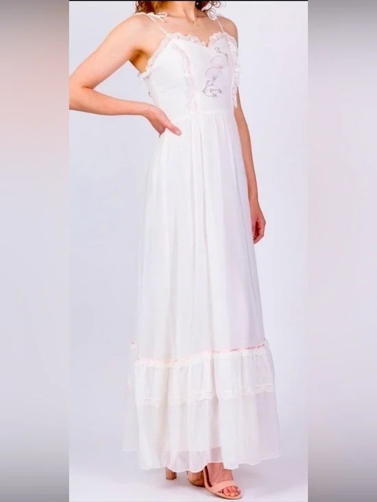 70s Vintage Maxi Slip Dress Embroidered Lace Ruffle Trim Cottage Prairie Size 7 - Picture 11 of 11